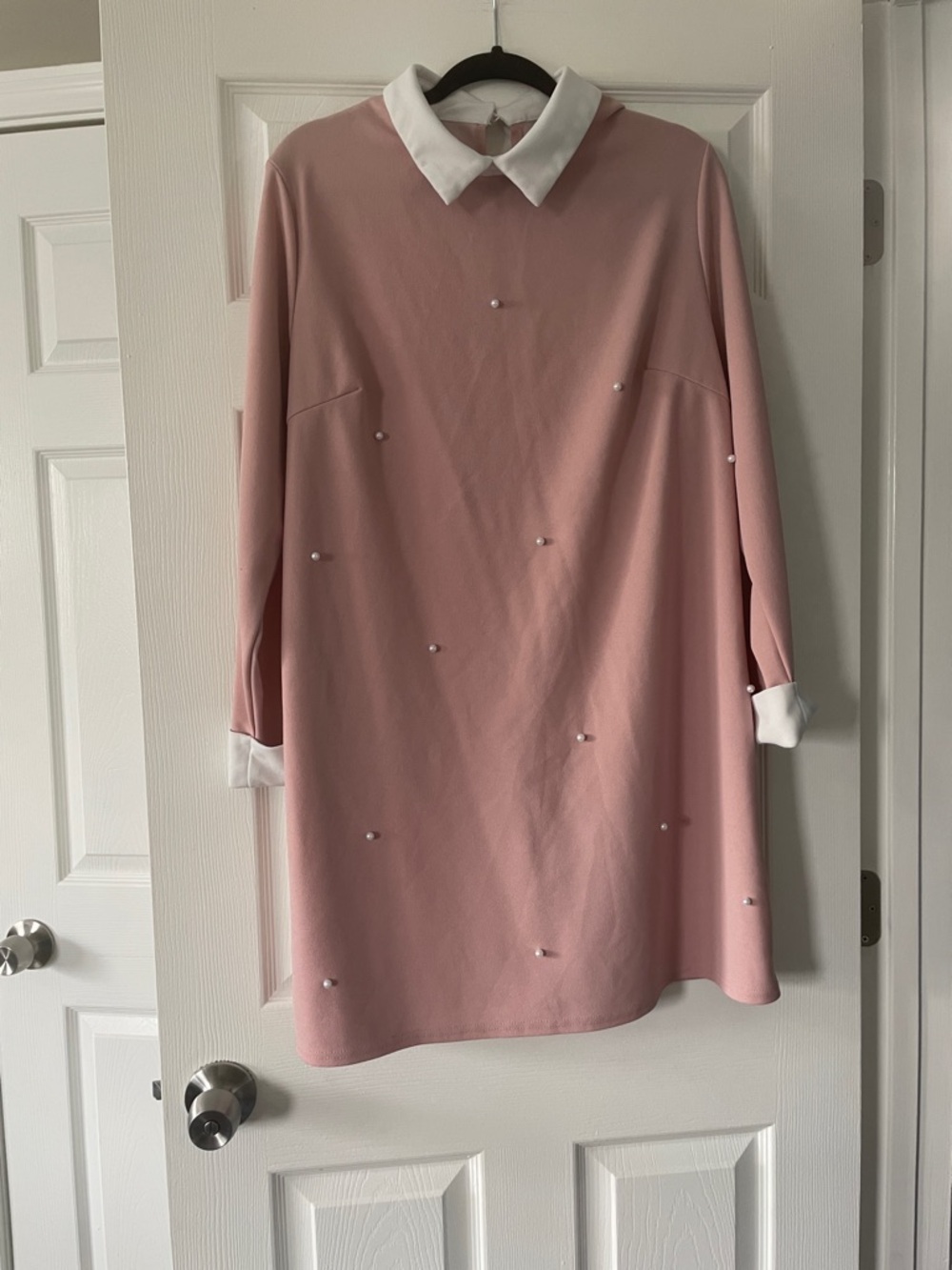 SHEIN Pink Long Sleeve Peter Pan Collar Dress with Pearls